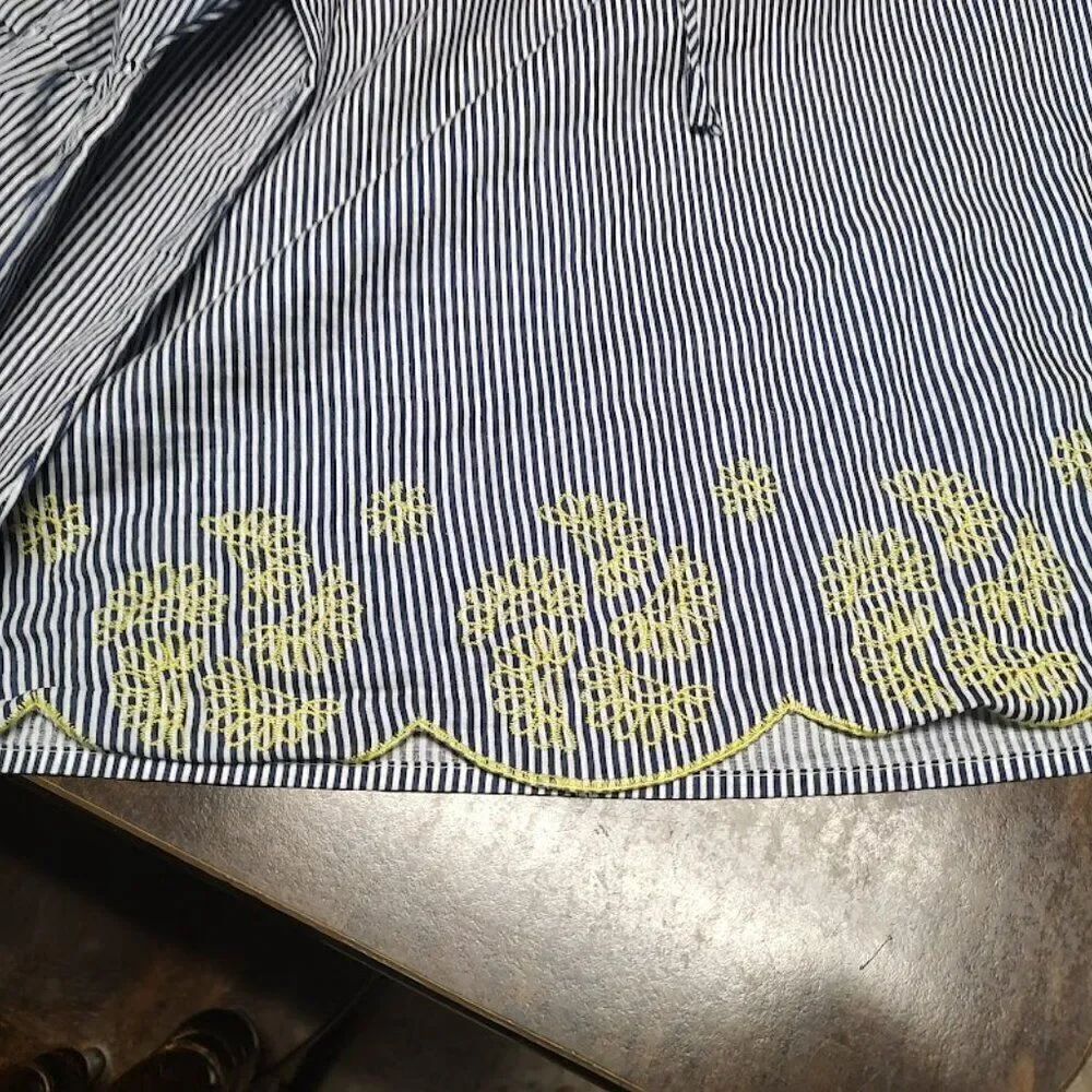 Basic Editions Blue White Striped With Yellow Flowers Top Size Women's L